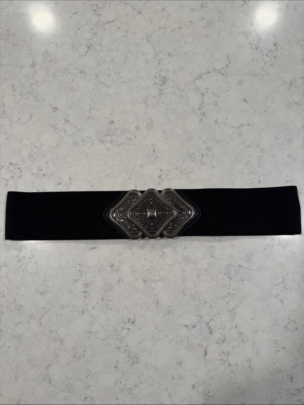 Style & Co. Trio Interlock Stretch Black Elastic Belt Ornate Silver Buckle L/XL